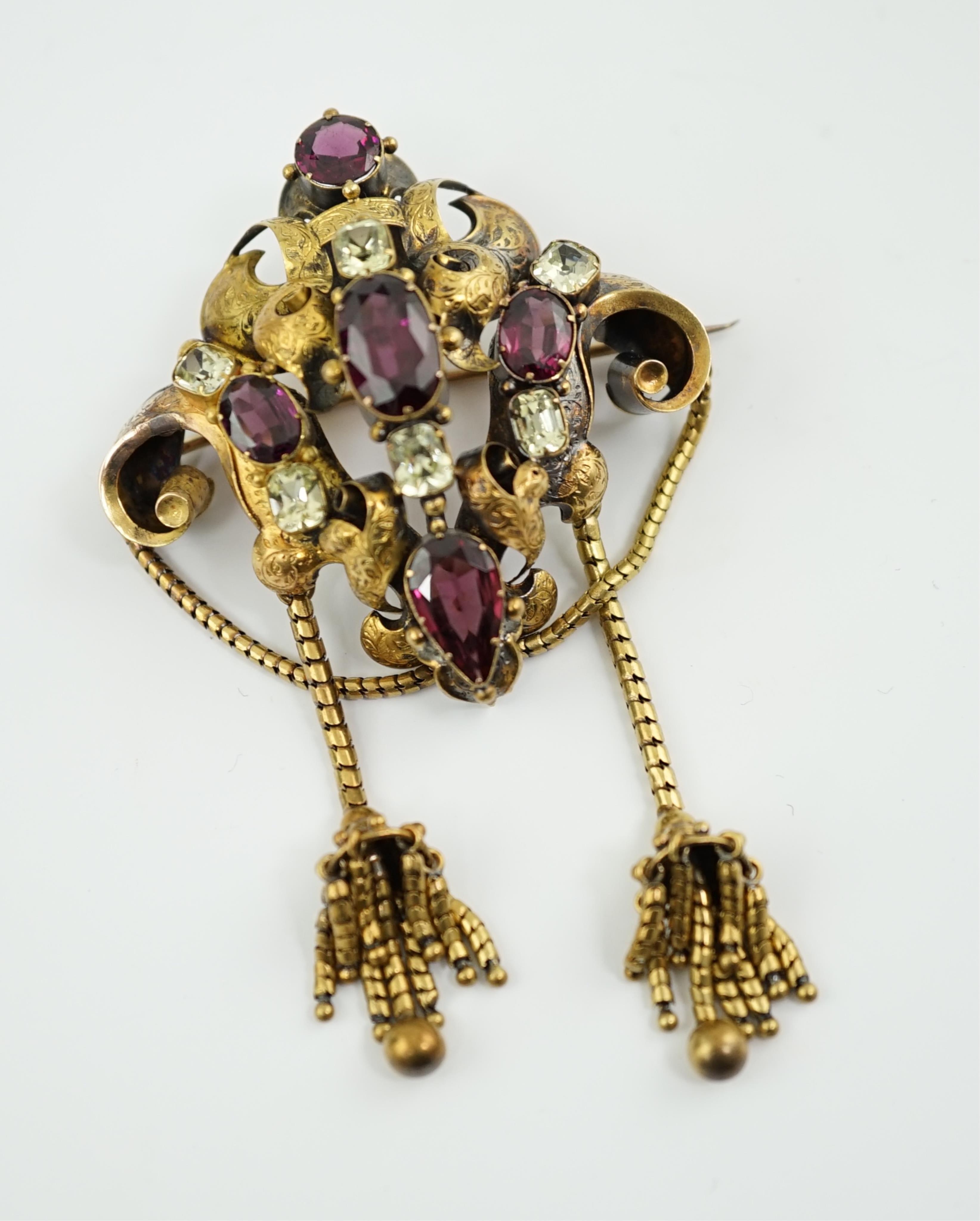 A Victorian gold, garnet and chrysoberyl? cluster set drop tassel brooch